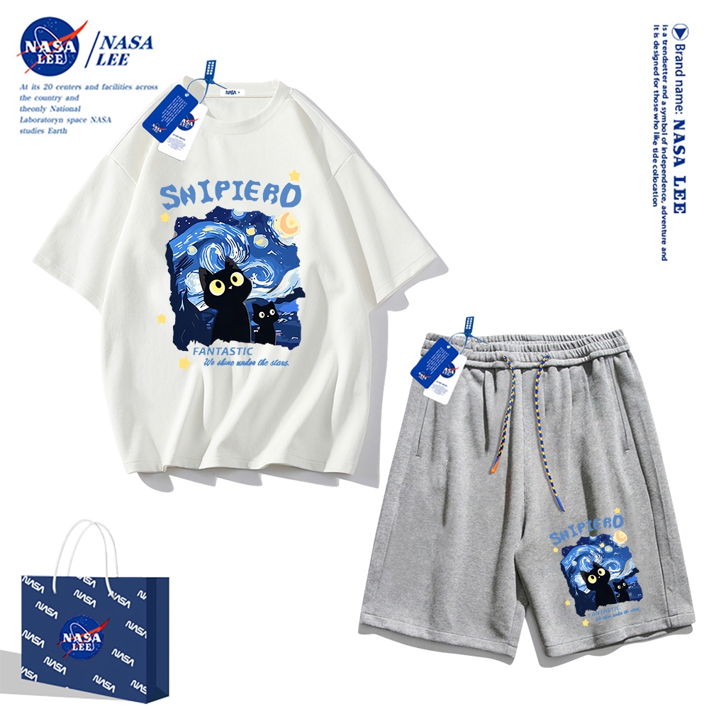 Áo thun ngắn tay Nasa mùa hè nam dáng rộng Quần Short Cotton hợp thời trang, nam nữ thể thao giản dị Phong cách đơn giản 2024 Phong cách mới1
