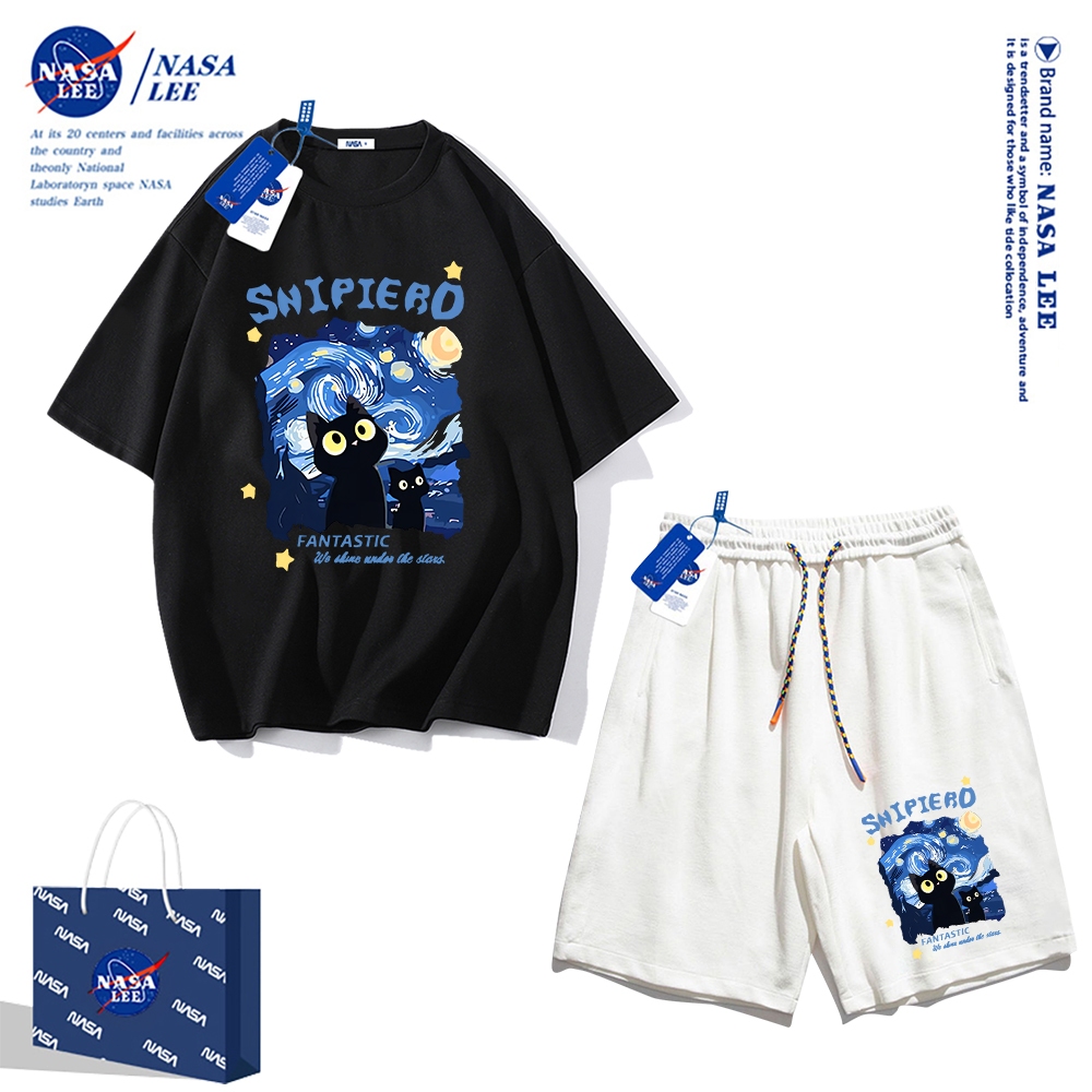 Áo thun ngắn tay Nasa mùa hè nam dáng rộng Quần Short Cotton hợp thời trang, nam nữ thể thao giản dị Phong cách đơn giản 2024 Phong cách mới1