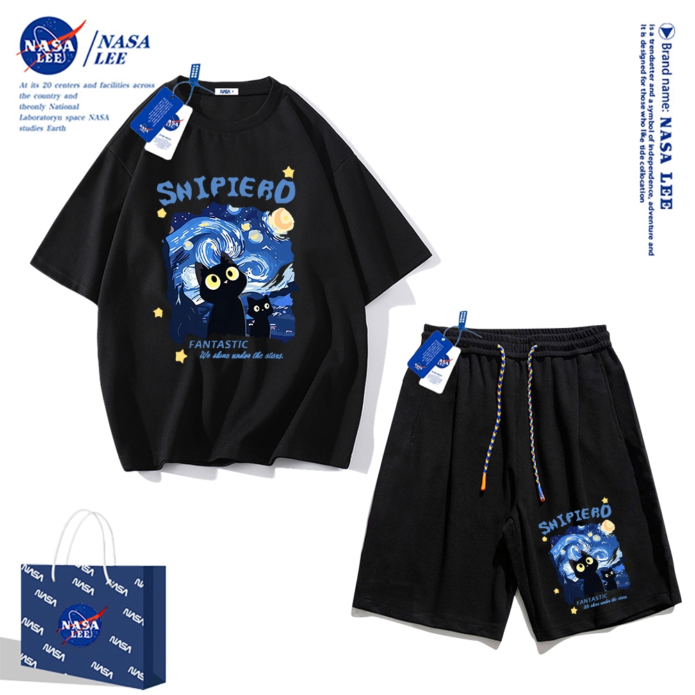 Áo thun ngắn tay Nasa mùa hè nam dáng rộng Quần Short Cotton hợp thời trang, nam nữ thể thao giản dị Phong cách đơn giản 2024 Phong cách mới1