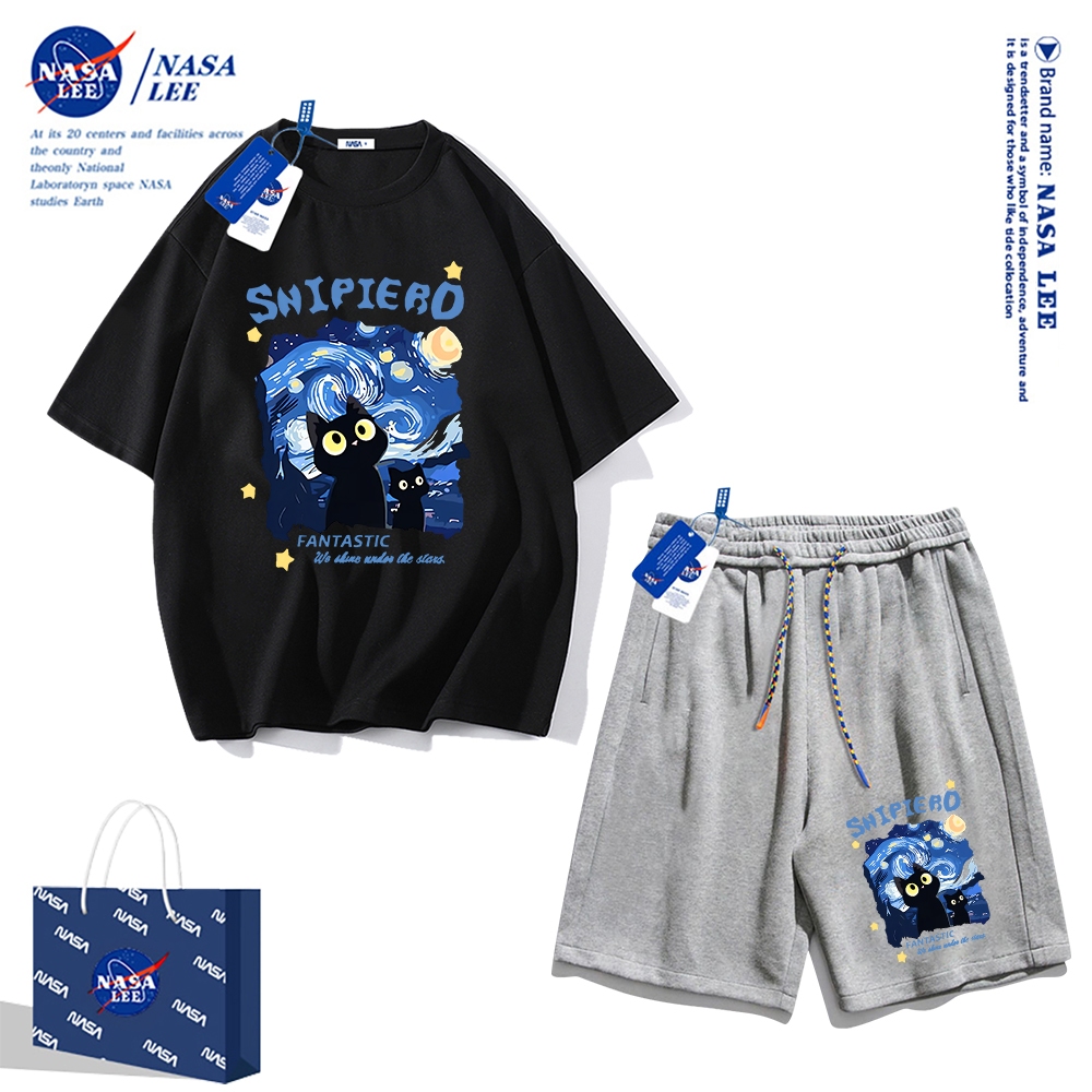 Áo thun ngắn tay Nasa mùa hè nam dáng rộng Quần Short Cotton hợp thời trang, nam nữ thể thao giản dị Phong cách đơn giản 2024 Phong cách mới1