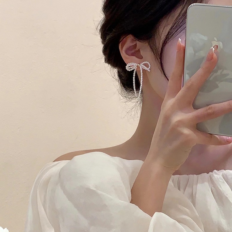 Bạc Kim Nơ Ngọc Trai Tua Rua Bông Tai Hàn Quốc Nhỏ Tươi Thiết Kế Cảm Giác Đinh Nhỏ Thời Trang accessorize Bông Tai Nữ