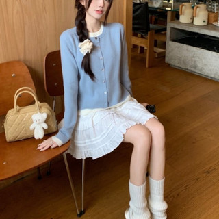 Áo len áo khoác cardigan áo mặc trong phối trong mẫu mới mùa thu cho nữ giả hai chiếc áo ghép màu tương phản