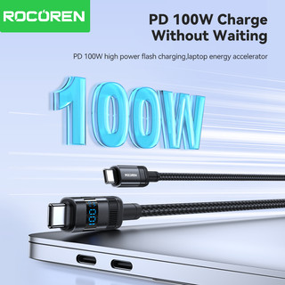 Cáp Rocoren 100w 5A Type C sang Type C Màn hình kỹ thuật số LED PD Cáp sạc nhanh cho điện thoại máy tính xách tay
