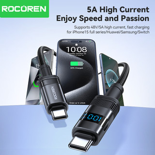 Cáp Rocoren 100w 5A Type C sang Type C Màn hình kỹ thuật số LED PD Cáp sạc nhanh cho điện thoại máy tính xách tay
