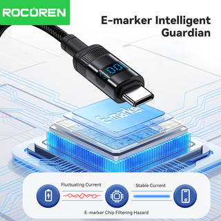 Cáp Rocoren 100w 5A Type C sang Type C Màn hình kỹ thuật số LED PD Cáp sạc nhanh cho điện thoại máy tính xách tay
