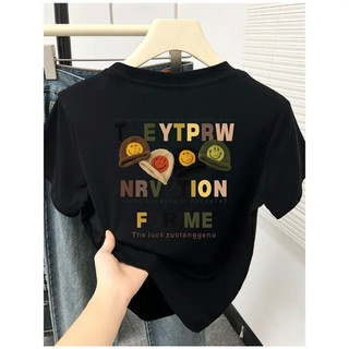 Áo thun nữ cotton plus size tay ngắn cổ tròn dáng rộng in hoạt hình, size 5XL, thời trang
