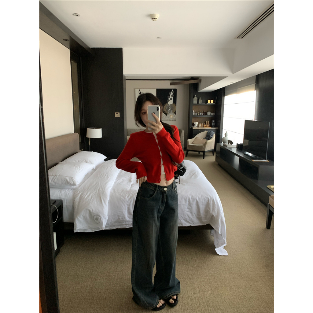 【BANKO】Mồ hôi dài tay hai mảnh màu đỏ mỏng vừa vặn mùa thu dành cho nữ