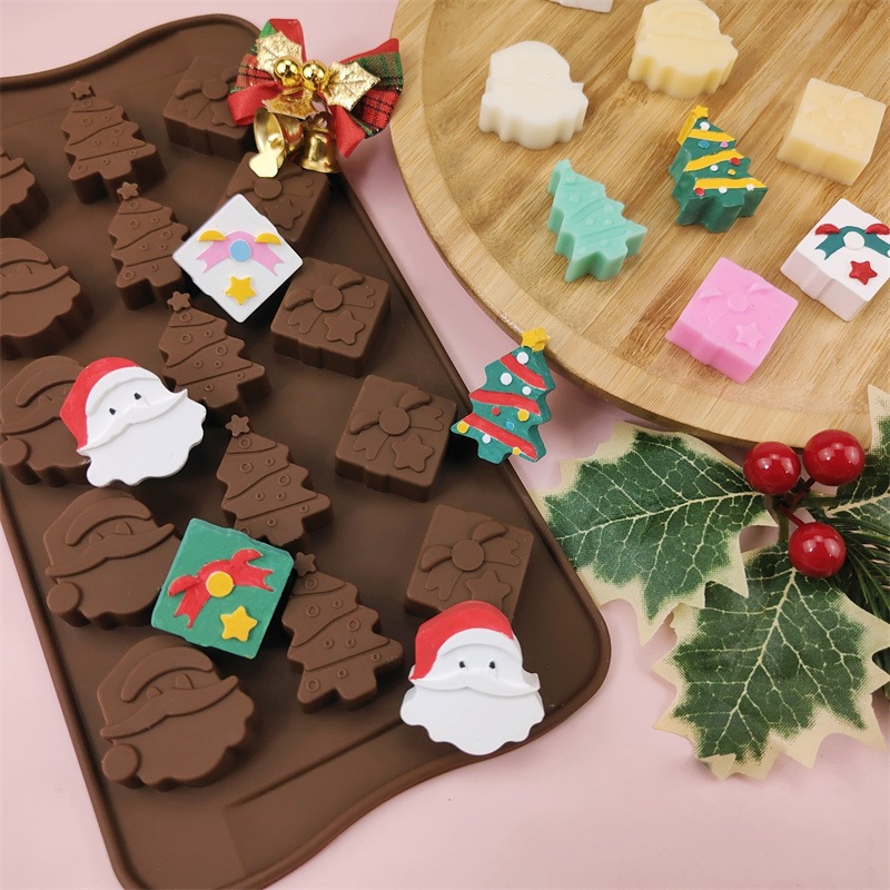 15 Khoang Giáng Sinh Series Khuôn Silicon Ông Già Noel Hộp Quà Tặng Cây Giáng Sinh Khuôn Socola Khay Đá Pudding Thạch Kẹo Khuôn DIY Dụng Cụ Nướng Bánh