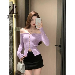 ZHELIHANGFEI Áo len dệt kim ngọc trai thời trang mùa thu dành cho nữ Áo len dệt kim một vai dáng ôm vừa vặn