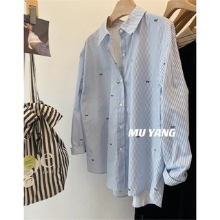 Nơ In Phong Cách Hàn Quốc Nữ Nữ Sọc Rời Quá Khổ Baggy Áo Sơ Mi Tay Dài Áo Mới Hàng Sẵn Có