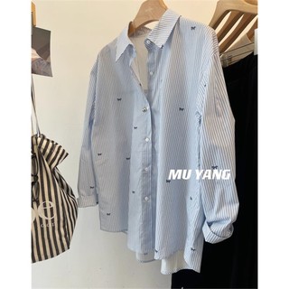 Nơ In Phong Cách Hàn Quốc Nữ Nữ Sọc Rời Quá Khổ Baggy Áo Sơ Mi Tay Dài Áo Mới Hàng Sẵn Có