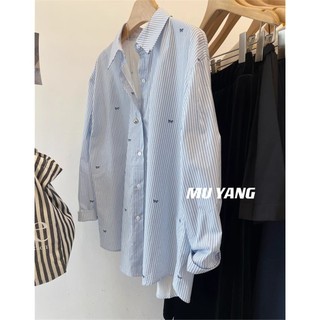 Nơ In Phong Cách Hàn Quốc Nữ Nữ Sọc Rời Quá Khổ Baggy Áo Sơ Mi Tay Dài Áo Mới Hàng Sẵn Có
