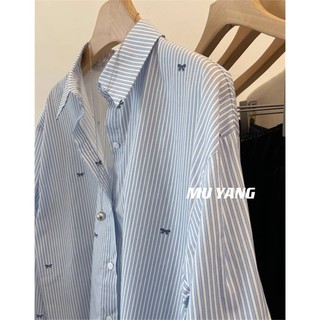 Nơ In Phong Cách Hàn Quốc Nữ Nữ Sọc Rời Quá Khổ Baggy Áo Sơ Mi Tay Dài Áo Mới Hàng Sẵn Có