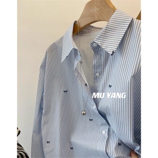 Nơ In Phong Cách Hàn Quốc Nữ Nữ Sọc Rời Quá Khổ Baggy Áo Sơ Mi Tay Dài Áo Mới Hàng Sẵn Có