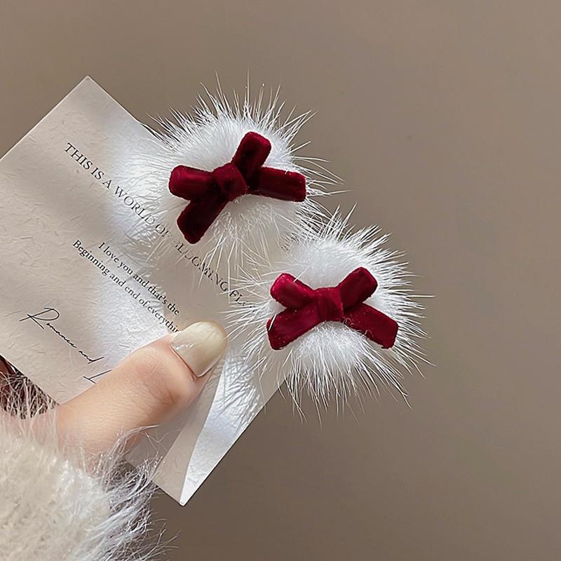 Set 2 Kẹp Tóc Mái Nơ Nhung Phối Lông Vũ Xinh Xắn Hàn Quốc Nhà empoli