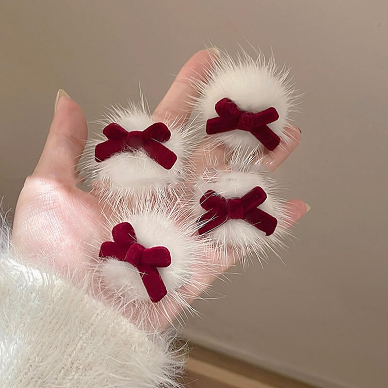 Set 2 Kẹp Tóc Mái Nơ Nhung Phối Lông Vũ Xinh Xắn Hàn Quốc Nhà empoli