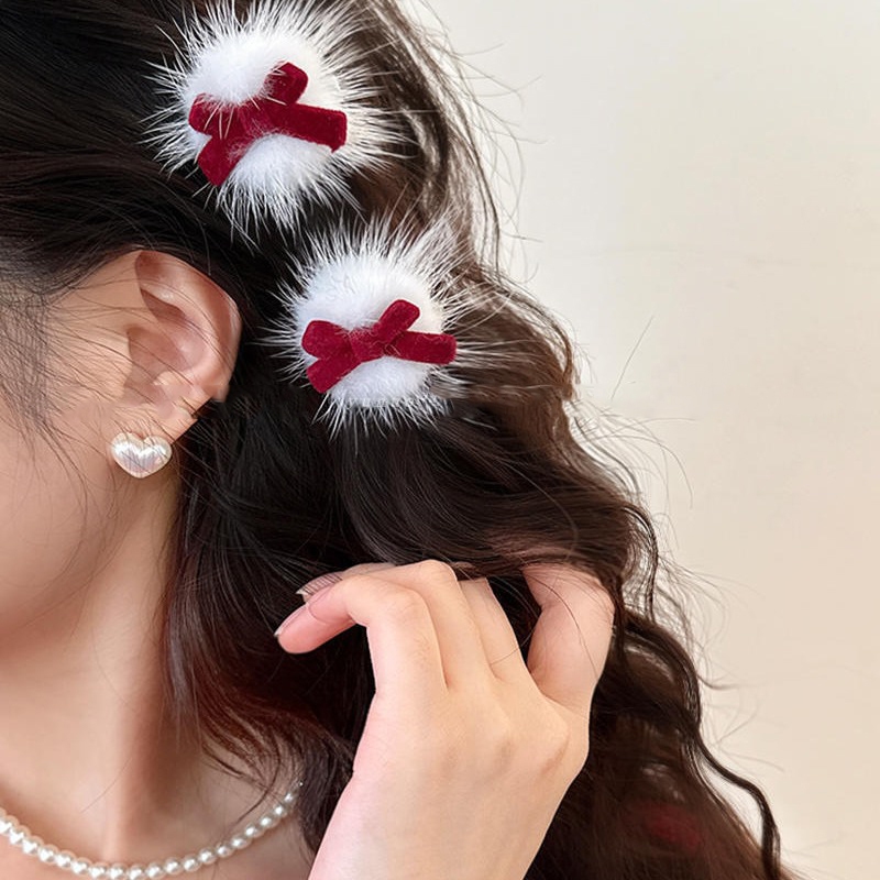 Set 2 Kẹp Tóc Mái Nơ Nhung Phối Lông Vũ Xinh Xắn Hàn Quốc Nhà empoli