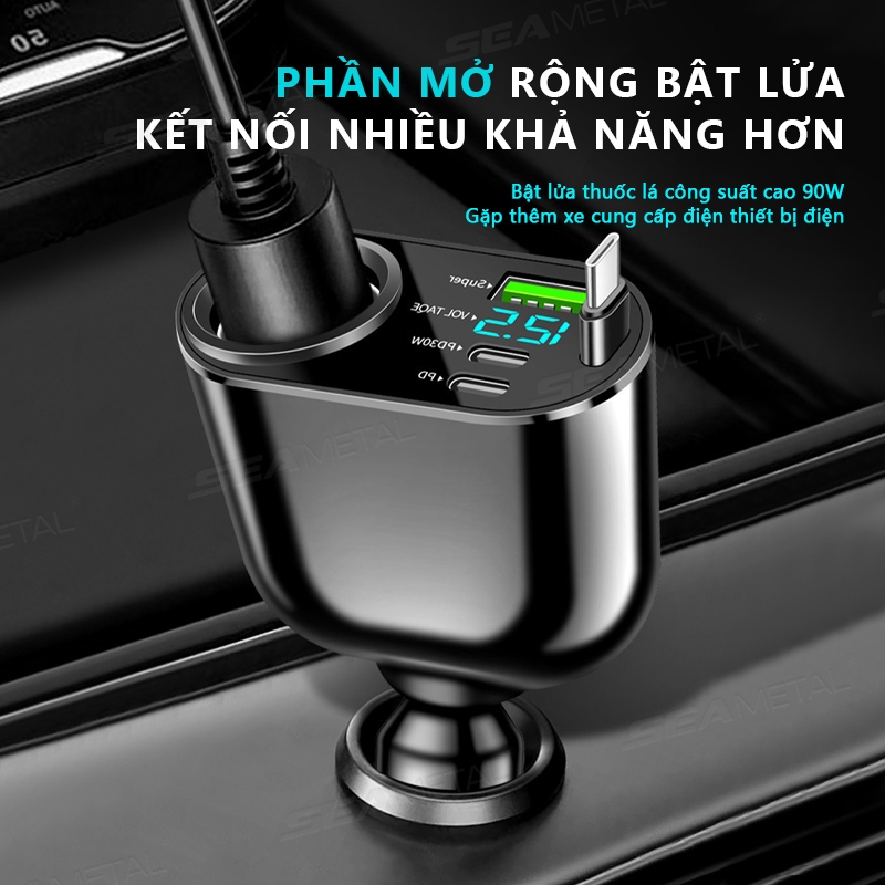 Bộ sạc ô tô SEAMETAL tẩu sạc nhanh 12V/24V, sạc 1-to-5, xoay 360°, thông minh