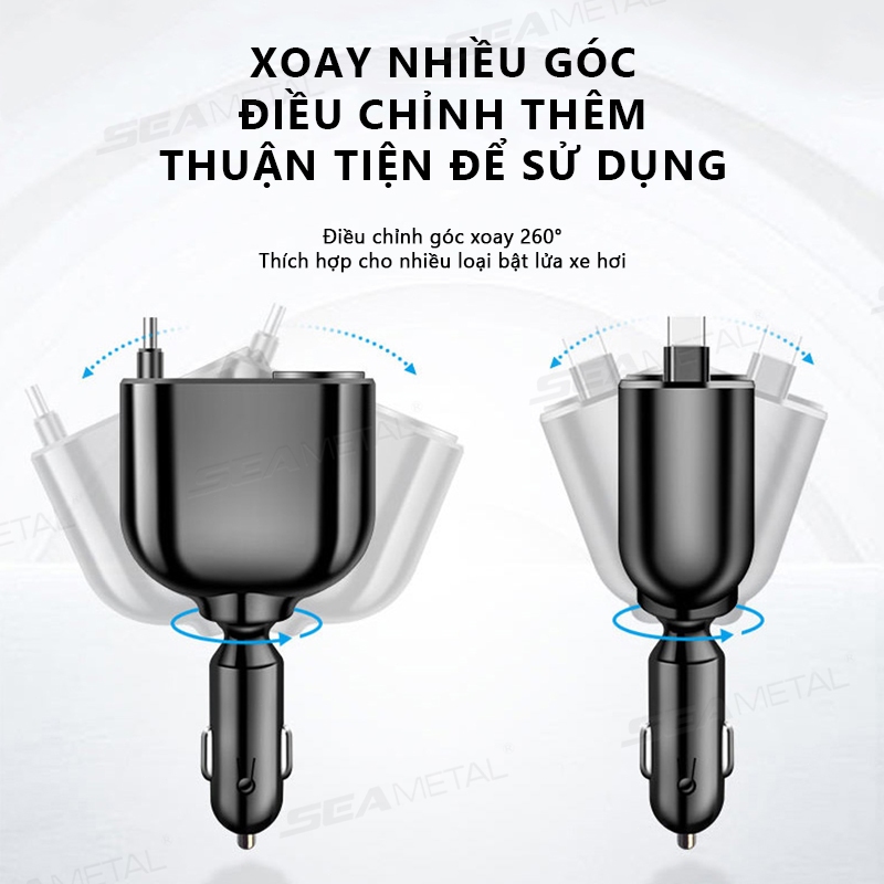 Bộ sạc ô tô SEAMETAL tẩu sạc nhanh 12V/24V, sạc 1-to-5, xoay 360°, thông minh
