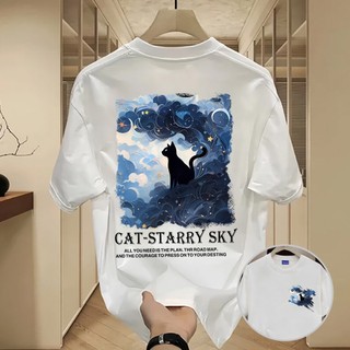 ✨Hàng có sẵn✨WASSUP Starry Sky Cat-Áo thun nam mới! 100% cotton, thời trang, Unisex