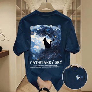 ✨Hàng có sẵn✨WASSUP Starry Sky Cat-Áo thun nam mới! 100% cotton, thời trang, Unisex