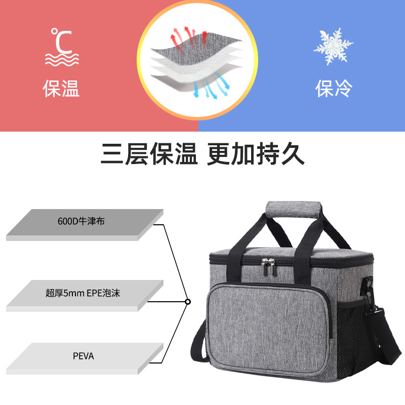 Túi giữ lạnh bento màu xám, hộp cơm di động giữ nhiệt, túi picnic cầm tay