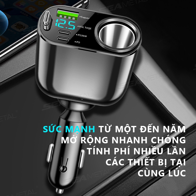 Bộ sạc ô tô SEAMETAL tẩu sạc nhanh 12V/24V, sạc 1-to-5, xoay 360°, thông minh