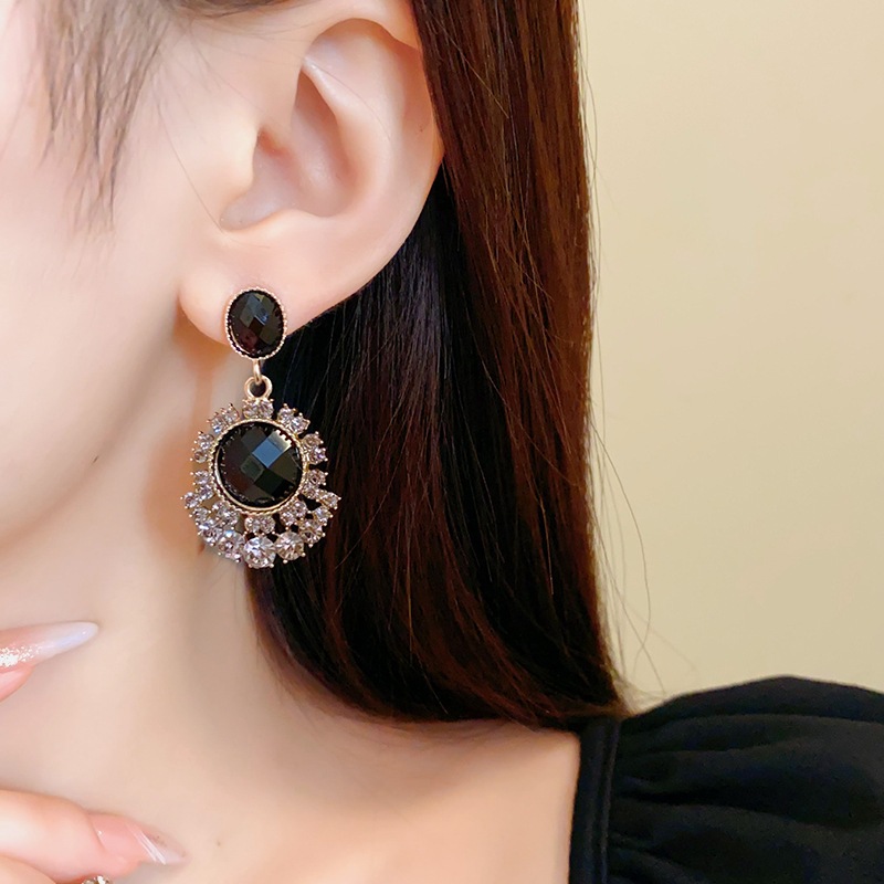 Bộ kim bạc Bông tai hoa tròn đính kim cương phong cách Châu Âu/Hoa Kỳ, thiết kế cao cấp, cảm giác nặng, thời trang