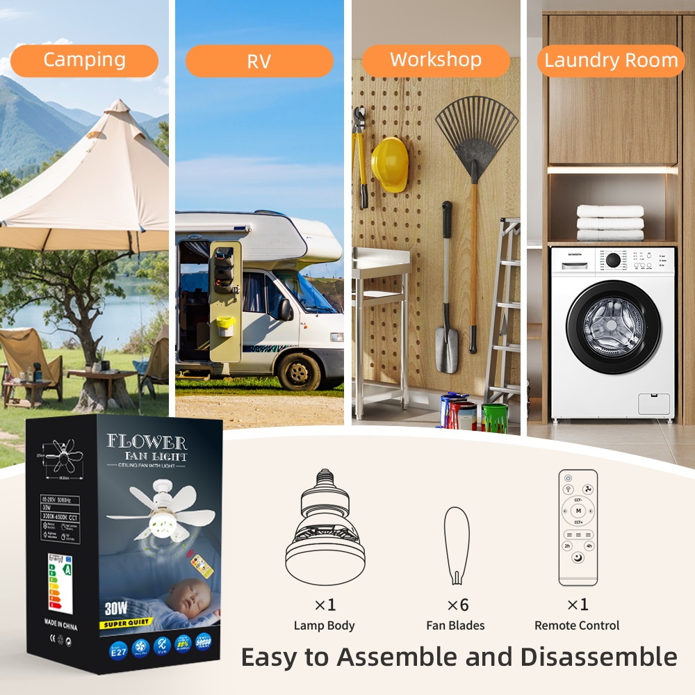 Quạt trần có thể điều chỉnh độ sáng có thời gian đèn trần ba màu 40W E27 Đèn sáng điều khiển từ xa