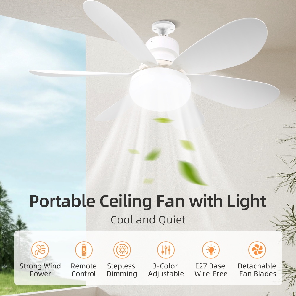 Quạt trần có thể điều chỉnh độ sáng có thời gian đèn trần ba màu 40W E27 Đèn sáng điều khiển từ xa