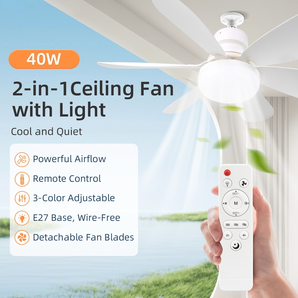 Quạt trần có thể điều chỉnh độ sáng có thời gian đèn trần ba màu 40W E27 Đèn sáng điều khiển từ xa