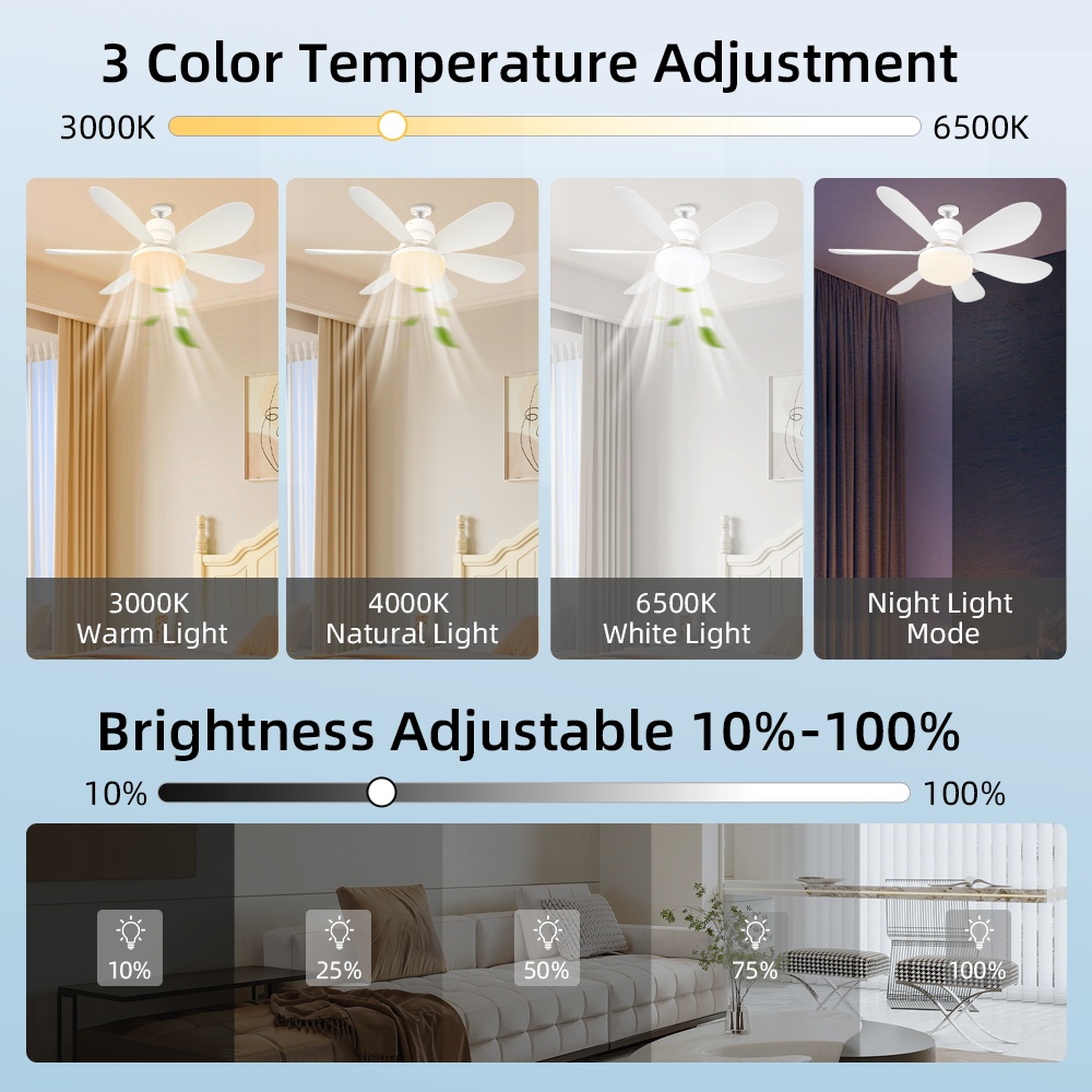Quạt trần có thể điều chỉnh độ sáng có thời gian đèn trần ba màu 40W E27 Đèn sáng điều khiển từ xa