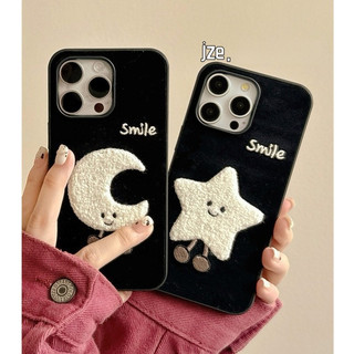 Hoạt Hình Dễ Thương Sang Trọng Ngôi Sao Mặt Trăng Đen Flannel Ốp Lưng Điện Thoại iPhone 16 15 14 13 Pro Max Nữ Tính Mùa Đông