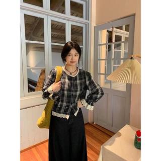 Áo sơ mi dài tay nữ thời trang Hàn Quốc cổ tròn dáng rộng cổ điển áo ren kẻ sọc