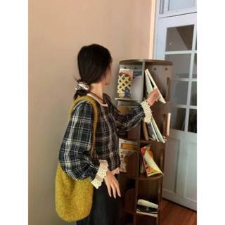Áo sơ mi dài tay nữ thời trang Hàn Quốc cổ tròn dáng rộng cổ điển áo ren kẻ sọc