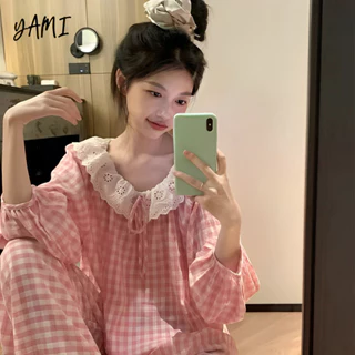 YAMI Bộ Đồ Ngủ Hàn Quốc Nữ Xuân Thu Phiên Bản Hàn Quốc Ngọt Ngào Ren Cạnh Hoa Dài Tay
