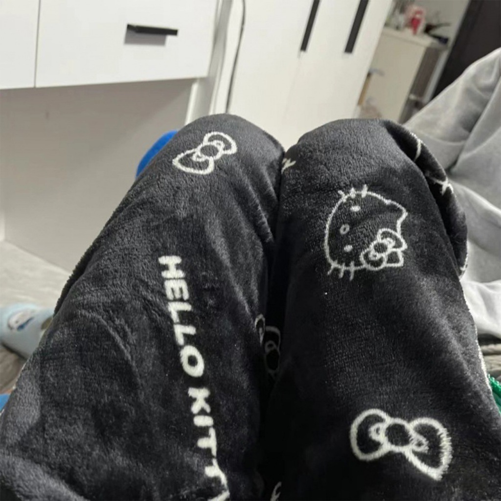 Bộ Đồ Ngủ Quần Lông Cừu Co Giãn Hoạt Hình Kitty Thời Trang Mùa Đông Nữ