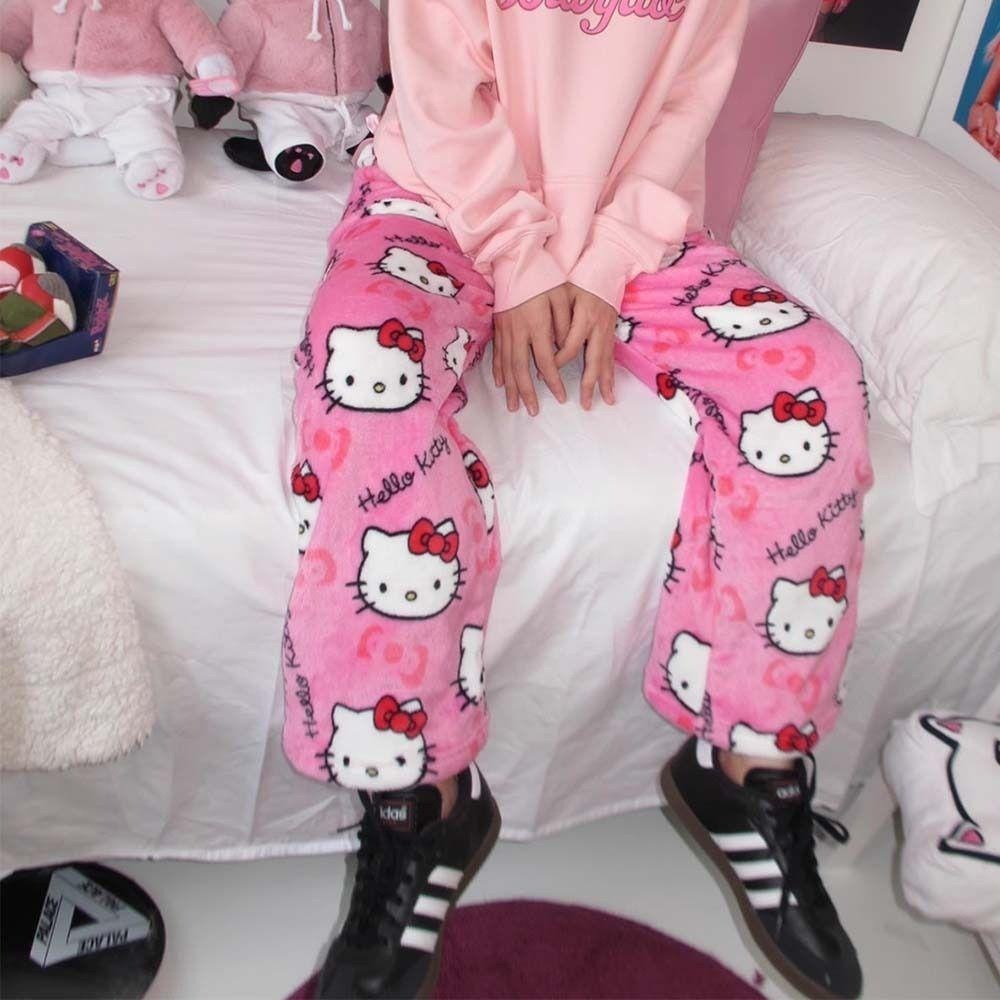 Bộ Đồ Ngủ Quần Lông Cừu Co Giãn Hoạt Hình Kitty Thời Trang Mùa Đông Nữ