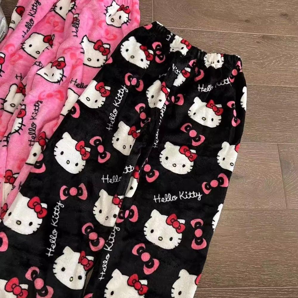 Bộ Đồ Ngủ Quần Lông Cừu Co Giãn Hoạt Hình Kitty Thời Trang Mùa Đông Nữ