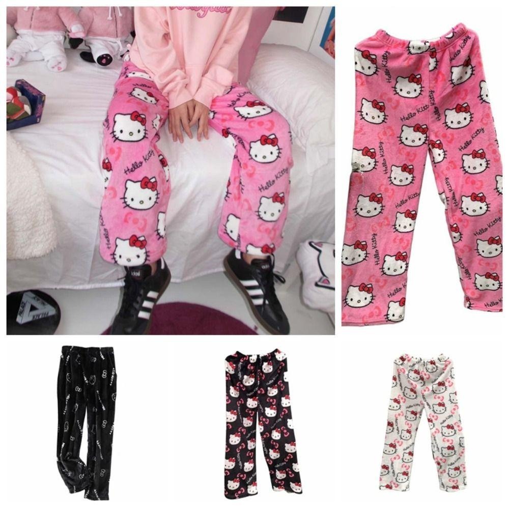 Bộ Đồ Ngủ Quần Lông Cừu Co Giãn Hoạt Hình Kitty Thời Trang Mùa Đông Nữ