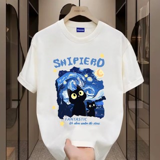 ✨Hàng có sẵn✨WASSUP Starry Sky Cat-Áo thun nam mới! 100% cotton, thời trang, Unisex