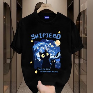 ✨Hàng có sẵn✨WASSUP Starry Sky Cat-Áo thun nam mới! 100% cotton, thời trang, Unisex