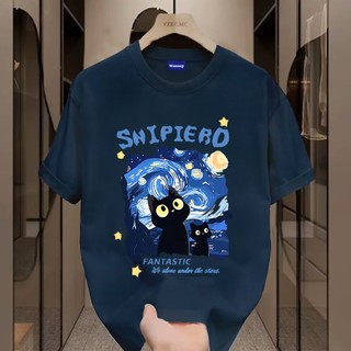 ✨Hàng có sẵn✨WASSUP Starry Sky Cat-Áo thun nam mới! 100% cotton, thời trang, Unisex