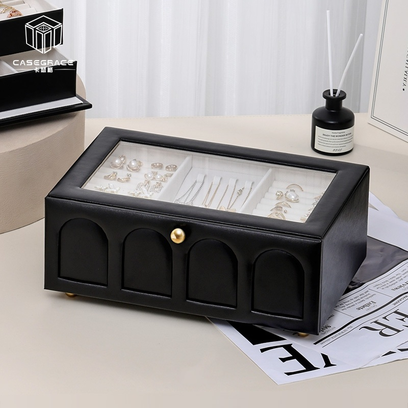 CASEGRACE hộp đựng đồ trang sức 2 lớp, cửa sổ acrylic trong suốt, cho nhẫn, bông tai, vòng tay, vòng cổ