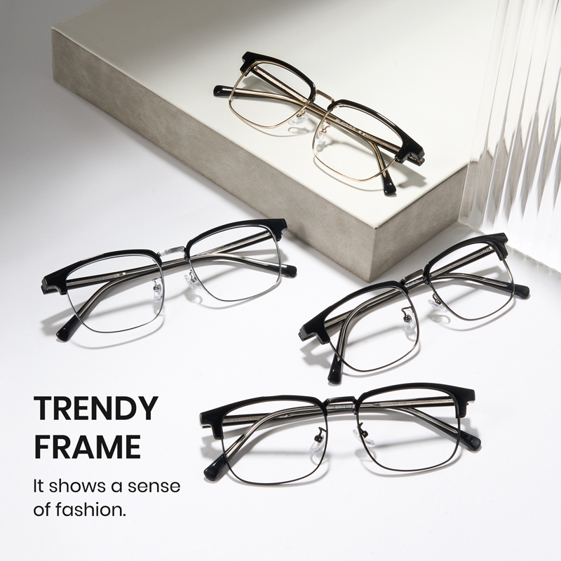 Cyxus Kính Chống Ánh Sáng Xanh Gọng Browline Titanium Acetate Vuông Nửa Khung Giảm Mỏi Mắt Máy Tính Văn Phòng 8216