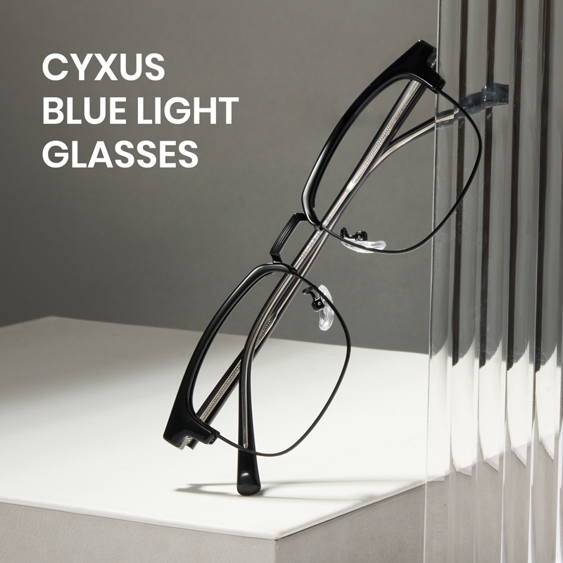 Cyxus Kính Chống Ánh Sáng Xanh Gọng Browline Titanium Acetate Vuông Nửa Khung Giảm Mỏi Mắt Máy Tính Văn Phòng 8216