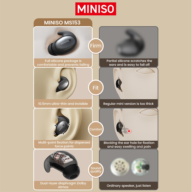 MINISO MS153 Tai nghe ngủ Tai nghe BT5.0 chống nước IPX5 / Tai nghe không dây ngủ vô hình / Bluetooth thể thao / nhạc âm thanh nổi | BigBuy360 - bigbuy360.vn