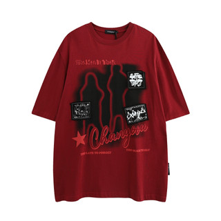 Esea Áo nam rãnh mùa hè mới của Mỹ High Street chắp vá thêu dáng rộng nam hip-hop cổ tròn cotton nguyên chất tay ngắn đa năng