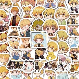 60pc Q Edition Agatsuma Zenitsu Miếng Dán DIY Laptop Điện Thoại Hành Lý Cốc Anime Demon Slayer Miếng Dán