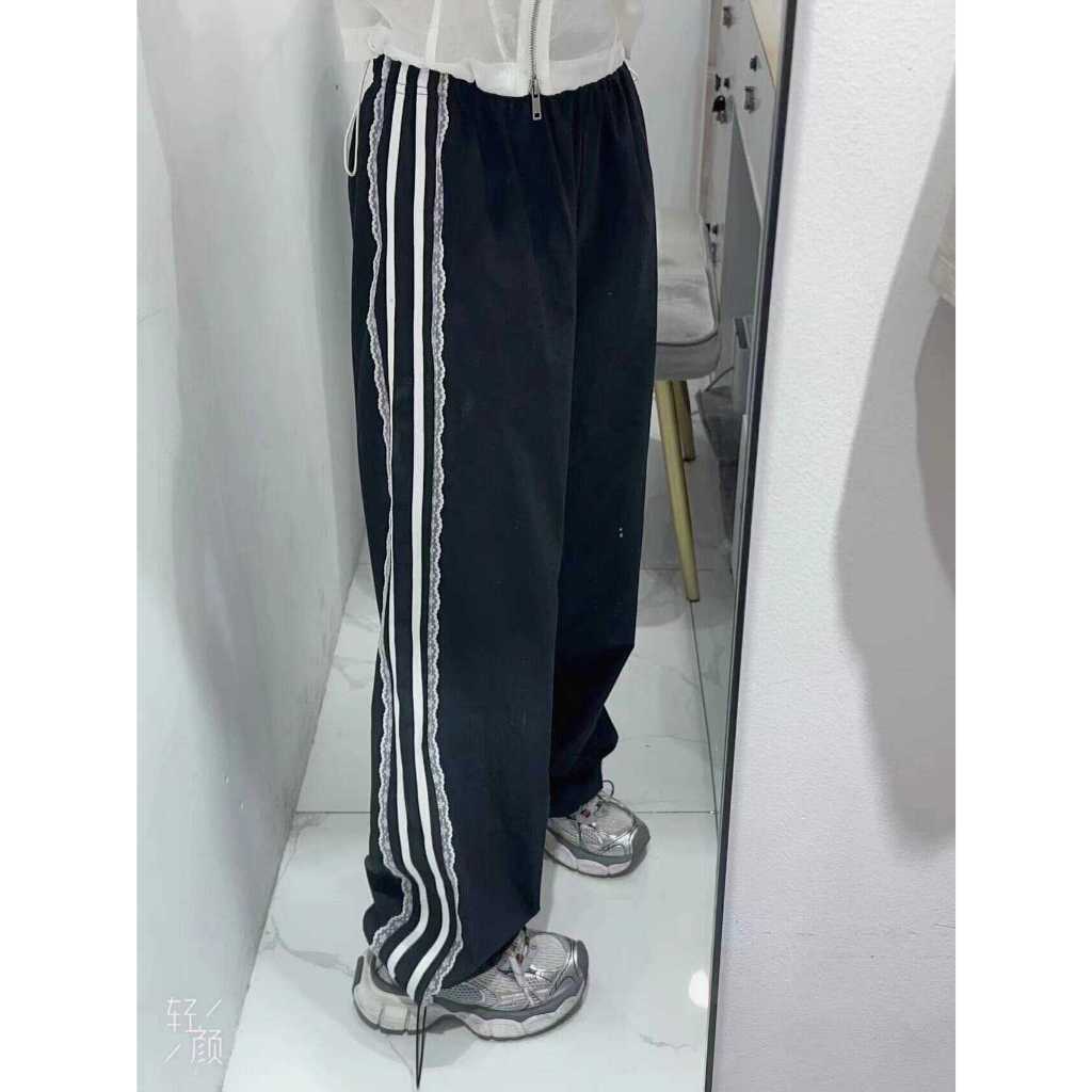 【Hàng giao ngay】Quần thể thao thẳng dáng rộng ren đen mùa hè dành cho nữ phiên bản Hàn Quốc